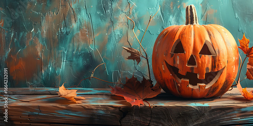Spooky jack-o-lantern glowing with a playful grin on a rustic wooden surface, surrounded by autumn leaves.