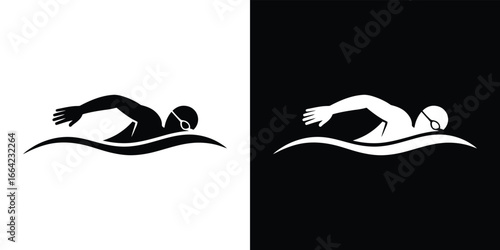 Swimmer Icon Silhouette with Goggles in Water on Split White and Black BG