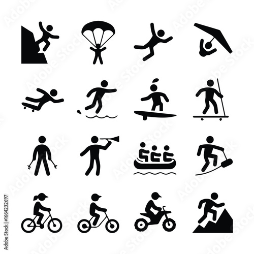 Black silhouette icons depicting various outdoor activities and sports on a white background layout