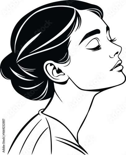Elegant Woman Profile in Black and White Artistic Depiction of Feminine Beauty and Serenity Expressed Through Minimalist Design, Illustrative Portrait