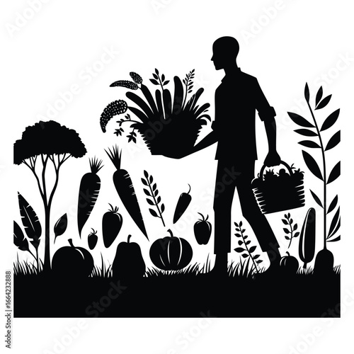 Silhouette of a person carrying a basket of fresh vegetables and fruits amidst a bountiful harvest scene Nutrition Coaching