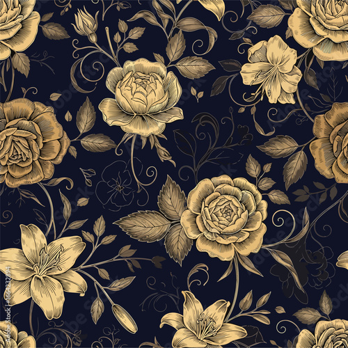 Seamless Pattern, Elegant floral pattern with roses and lilies in vintage gold and navy design Stock royalty free.