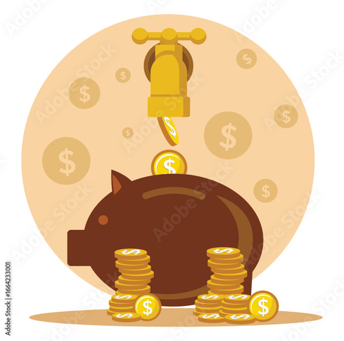 Money leaking concept. Faucet with money income flow into broken leaking piggy bank.