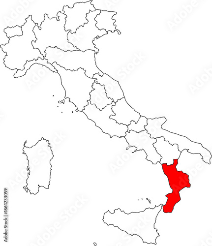 Map of Italy highlighting the Calabria region. Perfect for projects on its dramatic coastline, mountains, ancient history, and southernmost location.