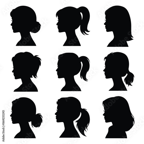 Silhouette collection of women with different hairstyles including ponytails and buns in black color on white