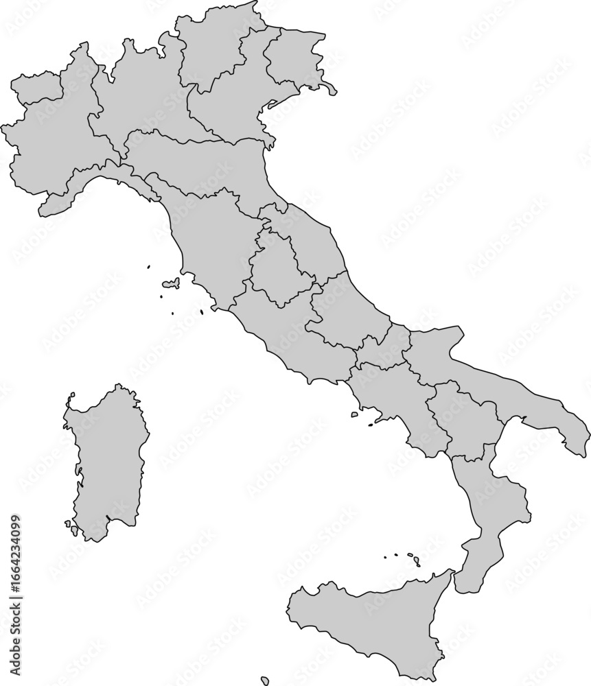 Obraz premium A sleek, grey political map of Italy with clearly defined regional borders. Perfect for professional, educational, and data visualization projects.