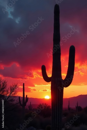 Tall saguaro cactus silhouetted against fiery sunset sky , image, americana