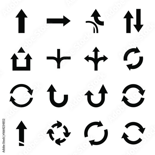 Collection of sixteen black arrow icons on a white background symbol direction