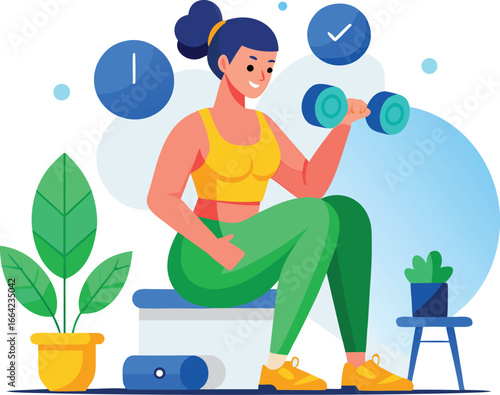 Woman lifting dumbbells isolated on white background, fitness and healthy lifestyle concept, time and checkmark