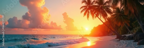 Warm hues paint the sky, palm fronds sway gently in the ocean breeze, colour, sun