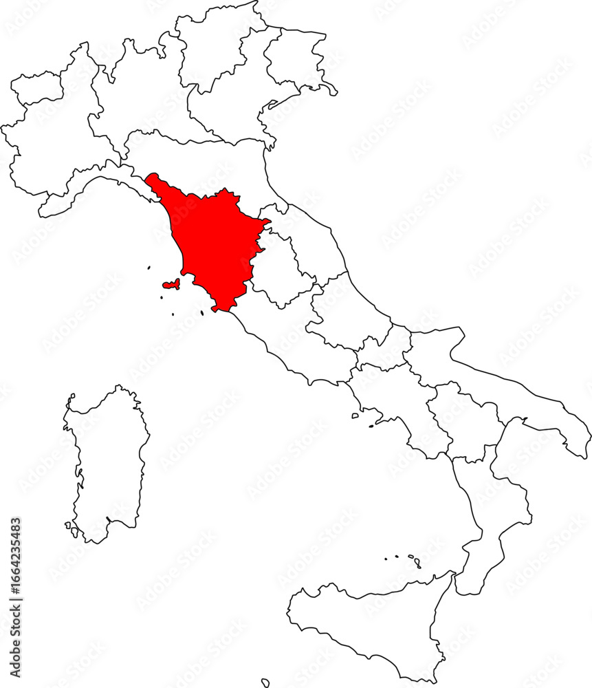 Fototapeta premium Map of Italy highlighting the Tuscany region. Perfect for projects on Renaissance art, famous vineyards, rolling hills, and historic cities like Florenc