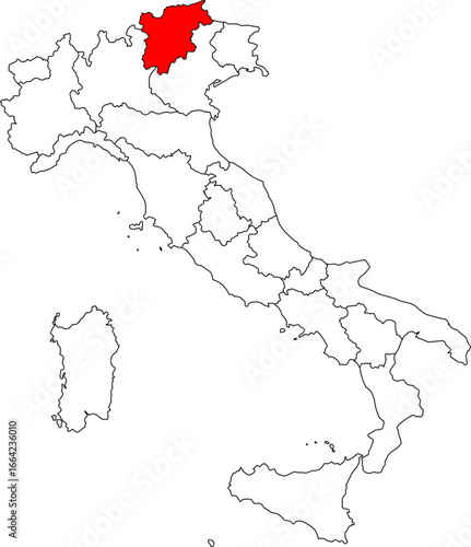 Map of Italy highlighting the autonomous Trentino-Alto Adige (Südtirol) region. Ideal for projects on the Dolomites, Alps, bilingual culture, and tourism.