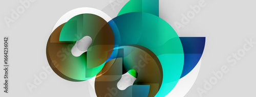 Abstract shapes overlap, creating dynamic composition. Teal, brown, white hues dominate neutral background. Modern design elements present.