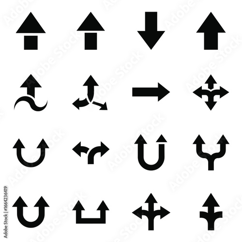 Sixteen black arrow icons depicting directions and navigation on white symbol