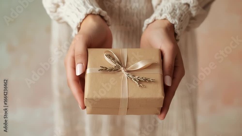 Woman presents a thoughtfully packaged gift with ribbon, conveying generosity and appreciation