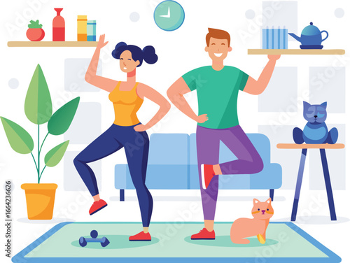 Couple exercising at home isolated on white background for fitness, health, and wellness lifestyle