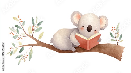 Cute Koala Reading a Book on a Branch