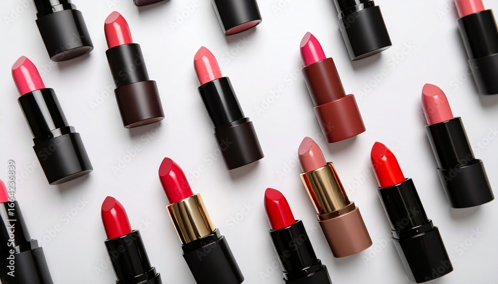 Obraz premium Lipstick tubes in red, pink, and nude shades arranged in geometric white maze layout.