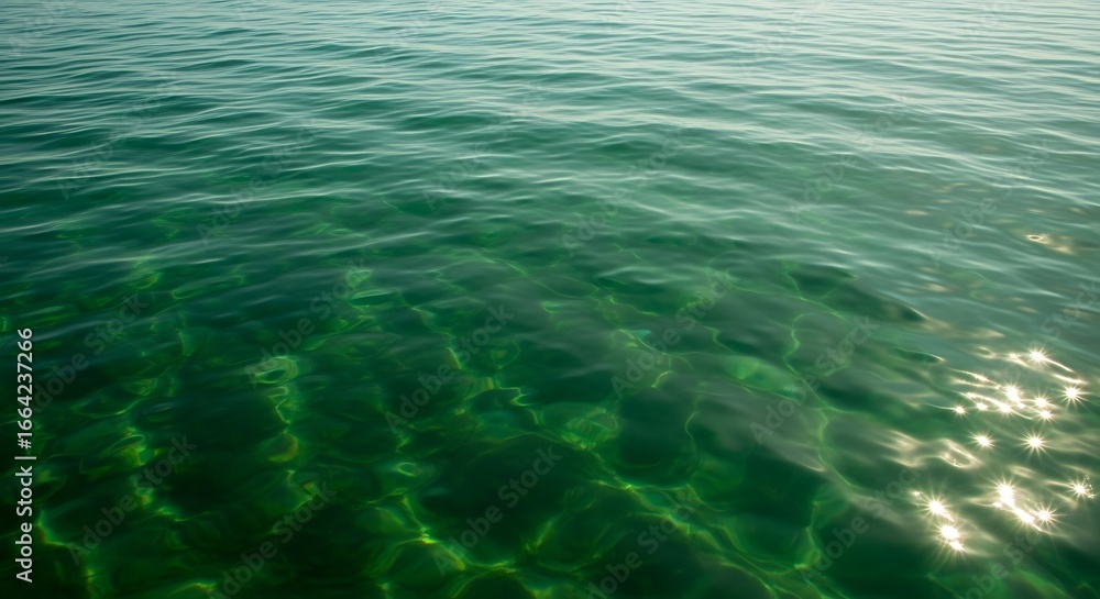 Fototapeta premium Clear emerald green sea water surface with sunlight reflections.