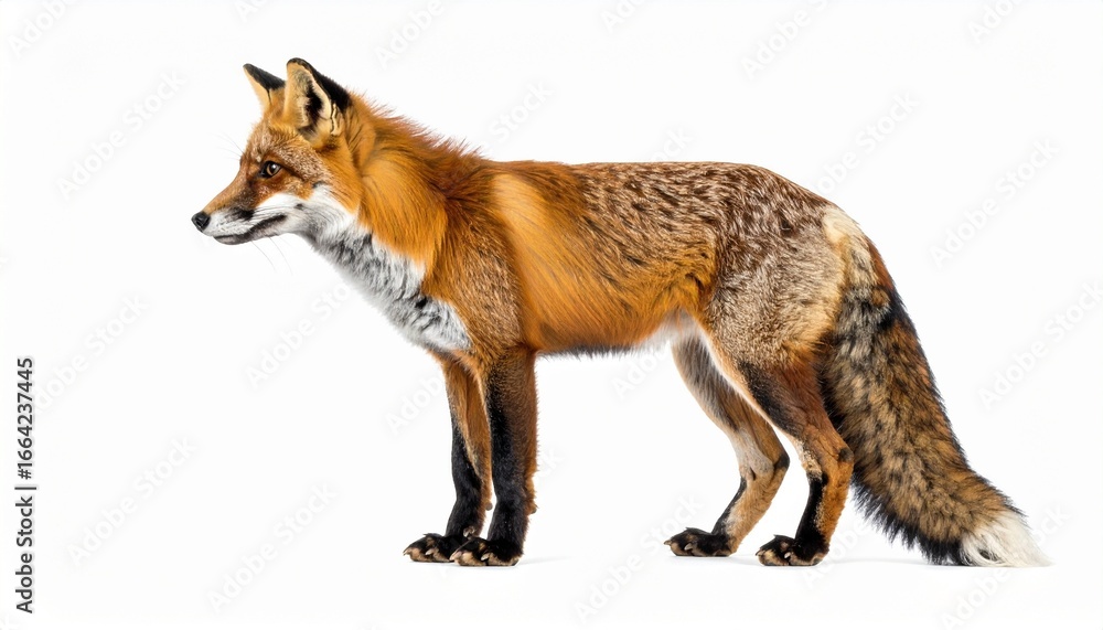 Fototapeta premium Side profile of red fox with bushy tail on white background.