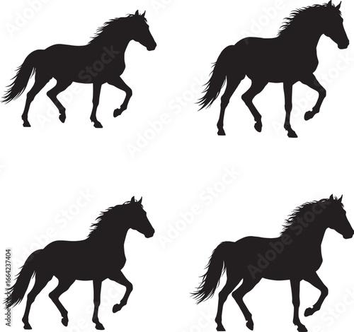 Four silhouettes of horses in motion against a white background