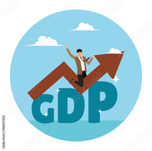 GDP Gross domestic product concept. Businessman stand with GDP word and growing graph and chart.