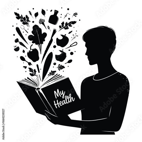Silhouette of person reading health book with healthy food elements emerging Nutrition Coaching