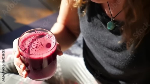 Person holding a glass of vibrant beetroot juice