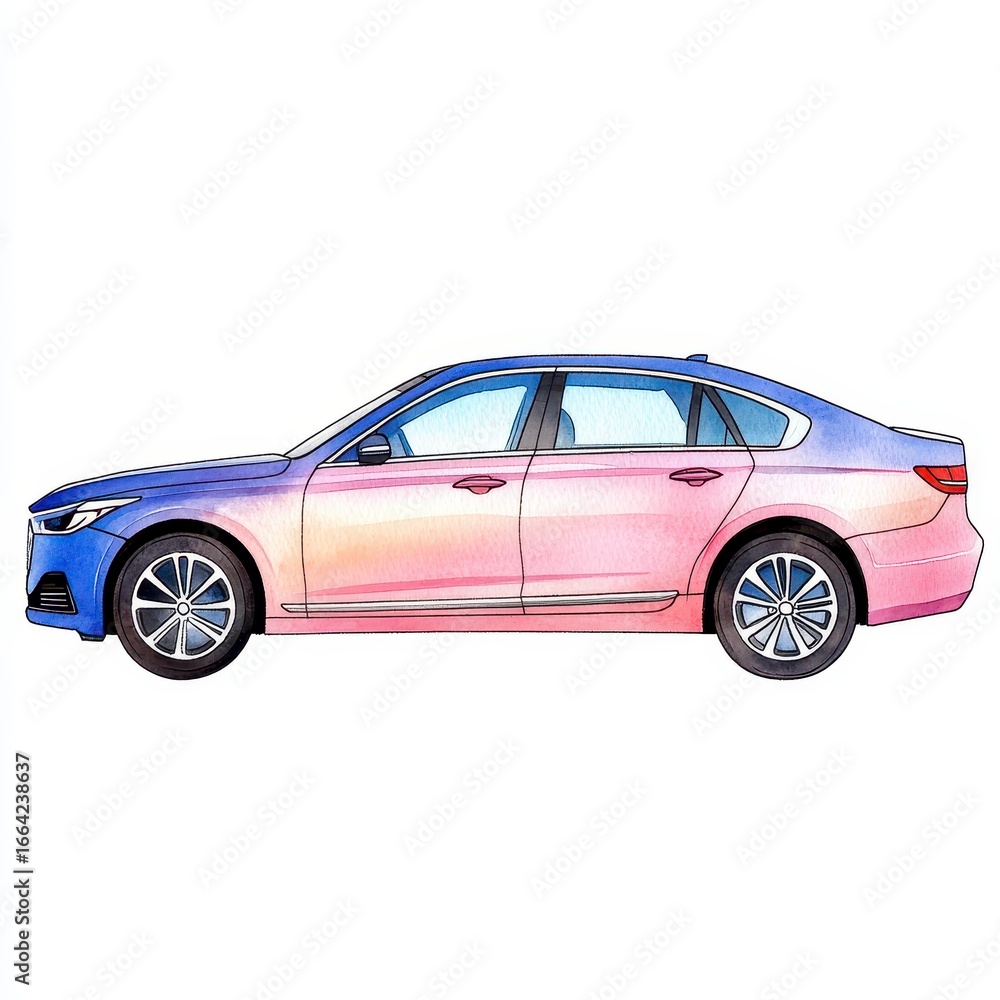 Fototapeta premium Watercolor Side Profile of a Modern Sedan in Purple, Pink, and Blue Hues