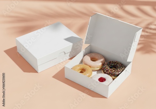 Blank white cardboard box mockup for donuts showcasing assorted glazed donuts in soft warm light and shadows