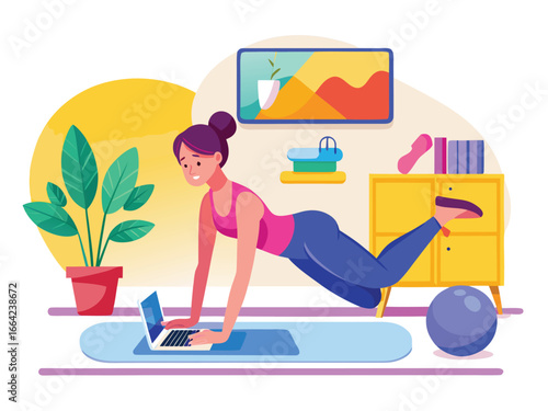 A woman in sportswear doing a plank exercise with a laptop in front of her indoors at home