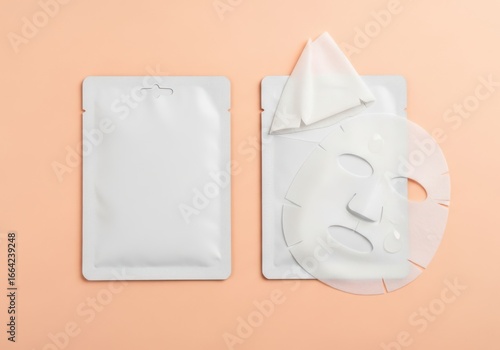 Blank white face mask mockup in packaging simple and clean design against pale peach background