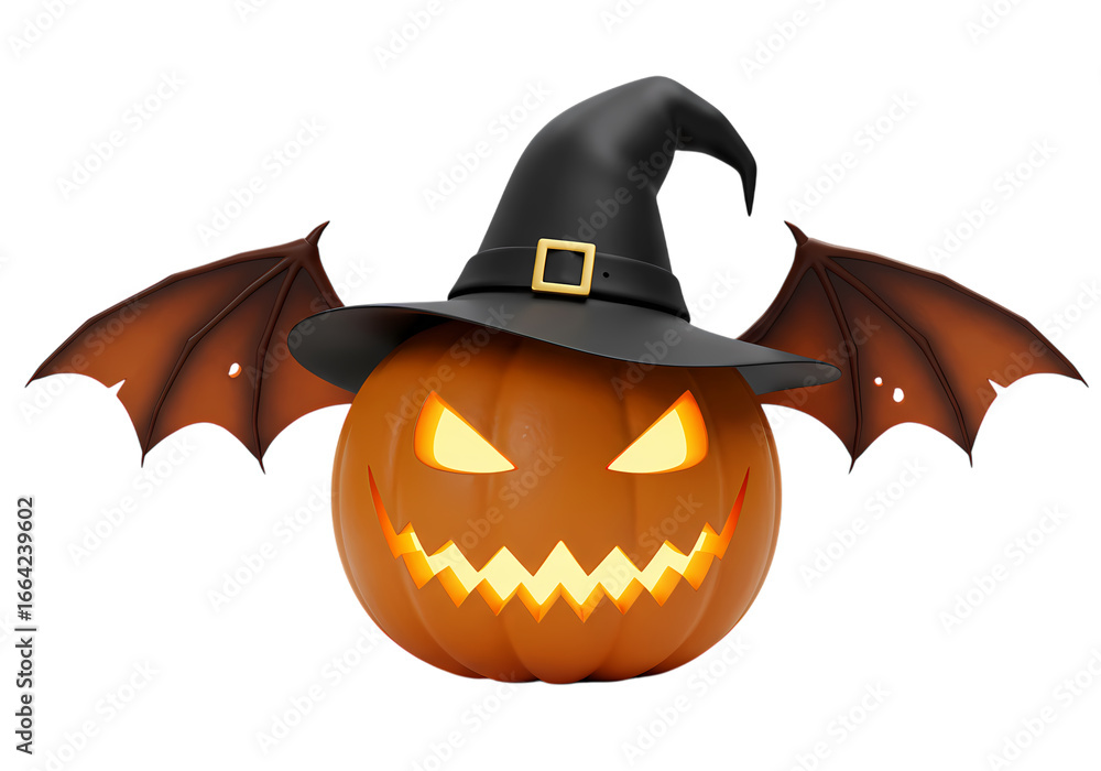 Naklejka premium Halloween Pumpkin with Witch Hat and Bat Wings isolated on transparent background