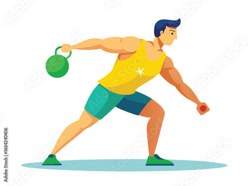 Man exercising with kettlebell isolated on white background, fitness training