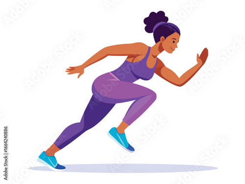 Female runner in full sprint isolated on white background, demonstrating speed and power
