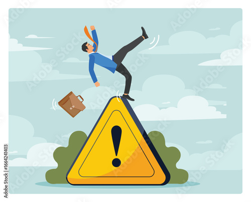 Business risk or problem warning concept. Businessman Slipping on a Warning Sign in a Risky Scenario