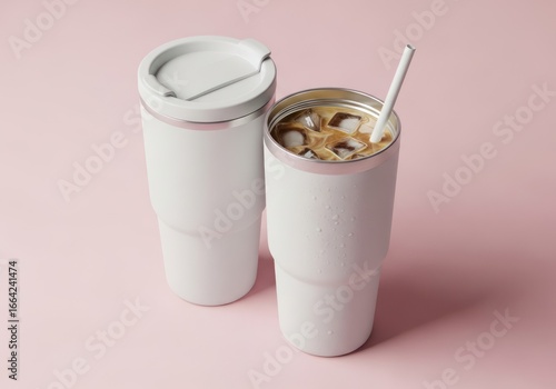 Mockup of two white insulated tumblers with iced coffee on a pink backdrop stylish modern drinkware design