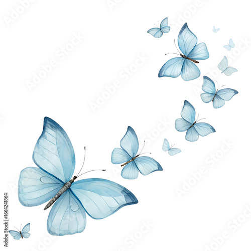 Watercolor Blue Butterflies Flying in Swarm on Transparent Background swarm