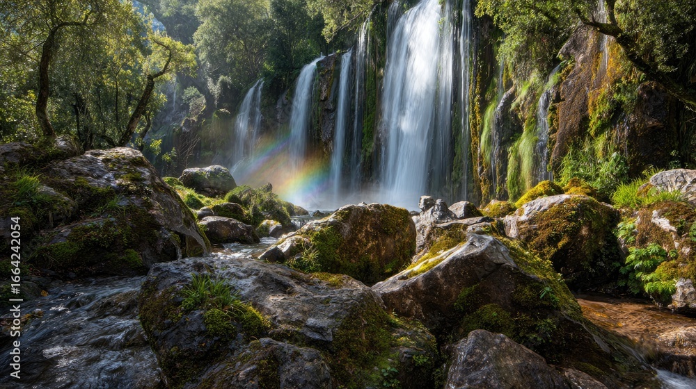 Fototapeta premium Lush waterfall cascading over mossy rocks