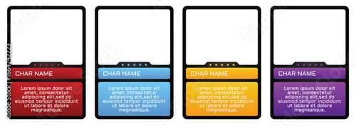 Modern game trading card templates with an three color. Customizable vector design for TCG, RPG, and character cards. Features slots for player name, stats, and description.