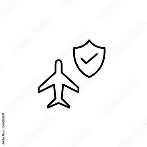 Airplane, shield and checkmark. Protected trip, certified aviation standards, safe flying. Pixel perfect, editable stroke vector icon
