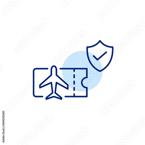 Plane ticket, shield and checkmark. Approved airline, protected trip, certified aviation standards, safe flying. Pixel perfect, editable stroke vector icon
