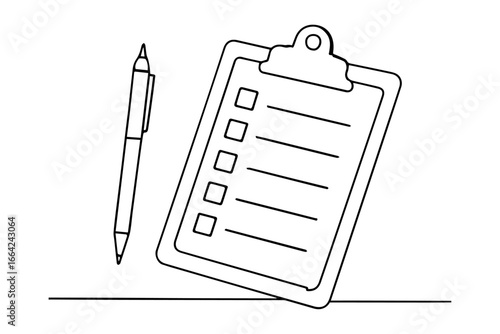 clipboard and pencil,
Single Line Drawing of Checklist Clipboard with Pen – Minimalist Vector Illustration