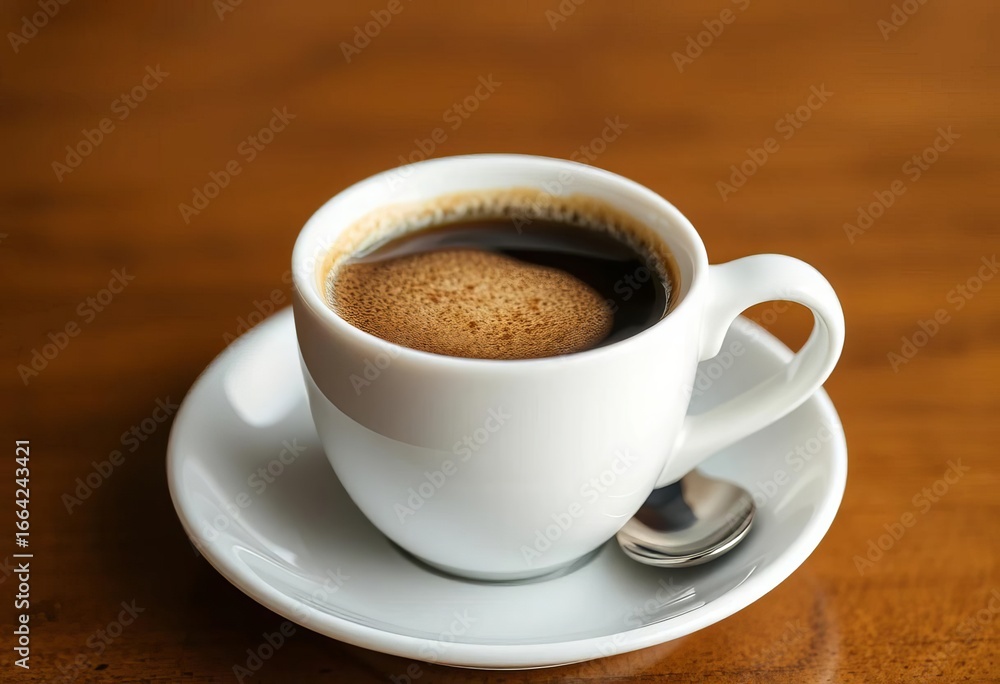 Fototapeta premium Creamy froth crowns dark coffee in a pristine white ceramic cup and saucer, kitchen, restaurant