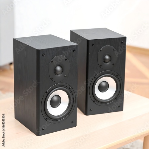Pair of black wooden speakers on light-colored table