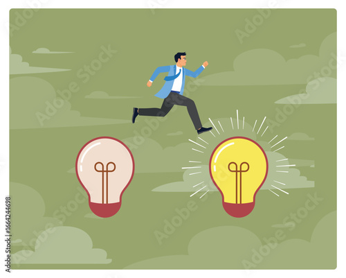 Business transformation concept. Smart businessman jump from old to new shiny lightbulb idea.