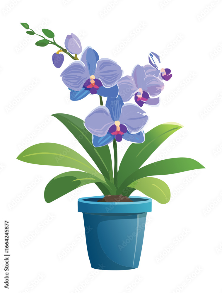 Naklejka premium A classic and timeless digital illustration of a beautiful light blue and purple Phalaenopsis orchid plant with multiple blooms and lush green leaves, sitting in a simple blue pot