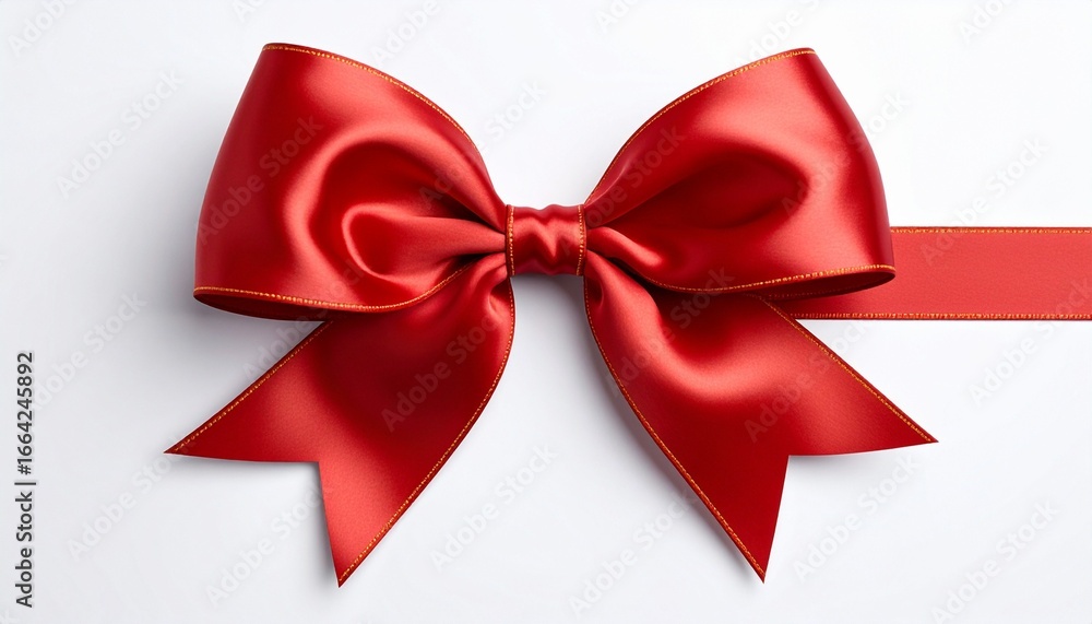 Fototapeta premium Red satin ribbon bow with V-cut tails on white background.