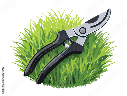 Professional Garden Pruning Shears on Green Grass Bush.