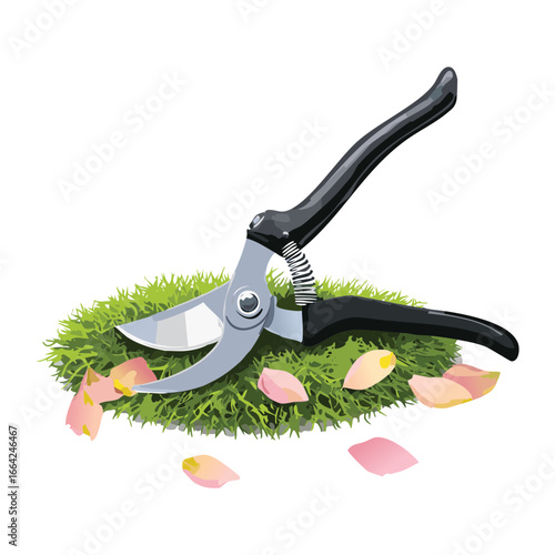 Pruning Shears on a Grass Bush with Pink Flower Petals Scattered Around.